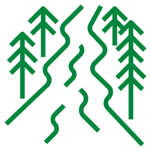 Icon with mountain road and trees.