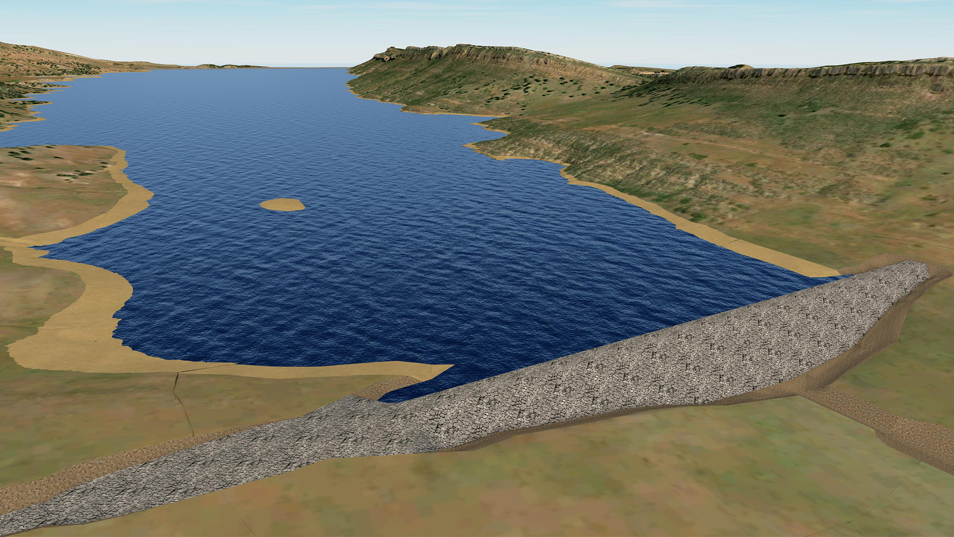 Rendering of the saddle dam at the southern end of the reservoir.